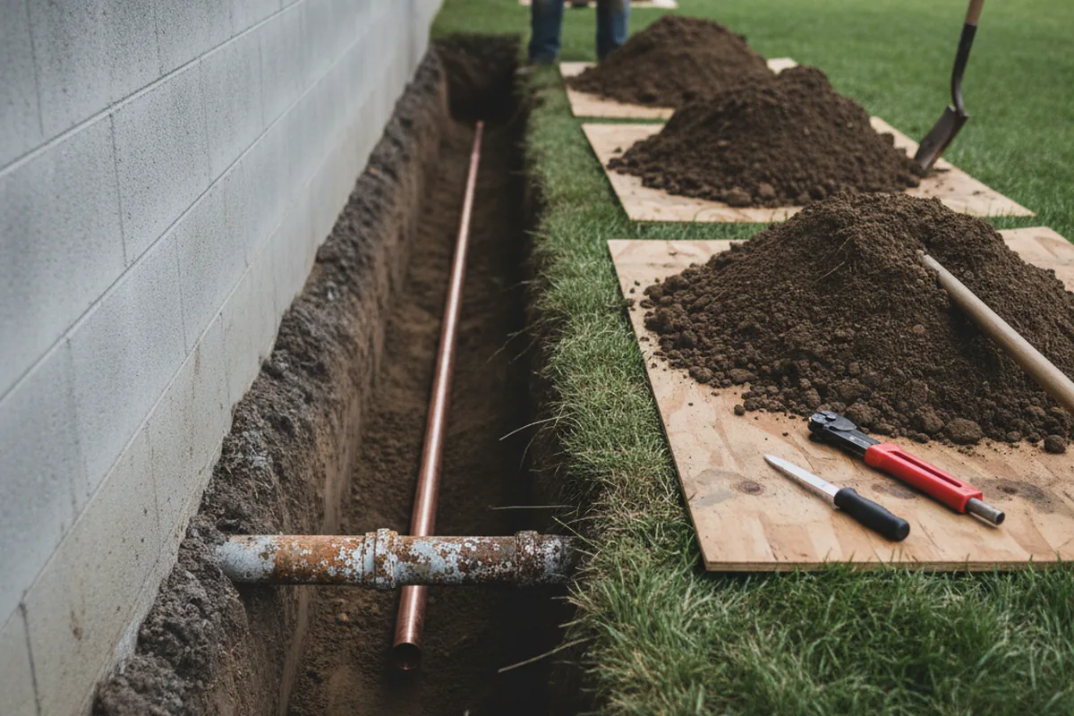 Excavated water line trench during Water Softener Installation in Lyons